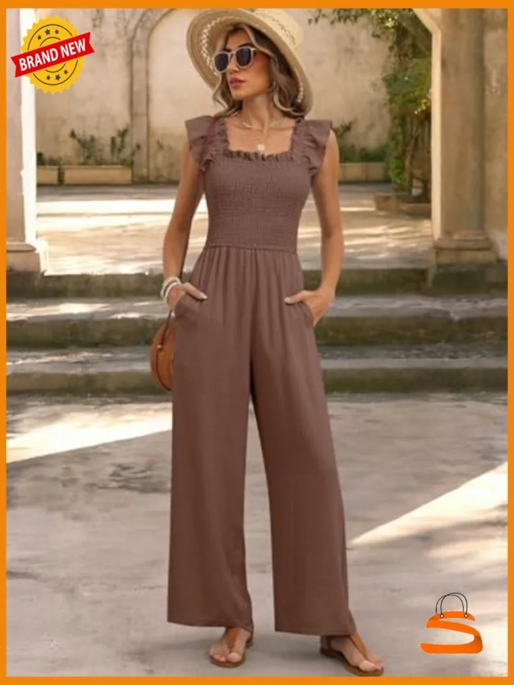 Dressy Casual Smocked Ruffle Cap Sleeve Jumpsuit with Pockets